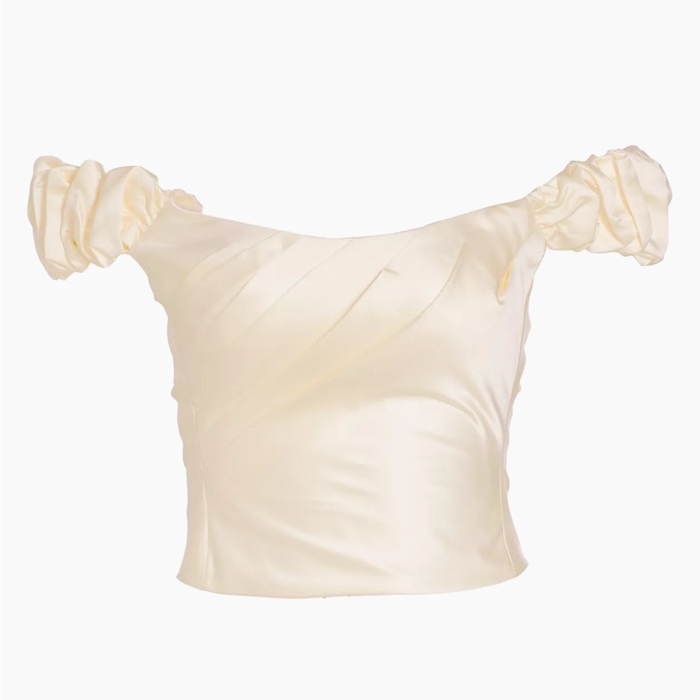 LoveShackFancy Cream Satin Puff-Sleeve Crop Top